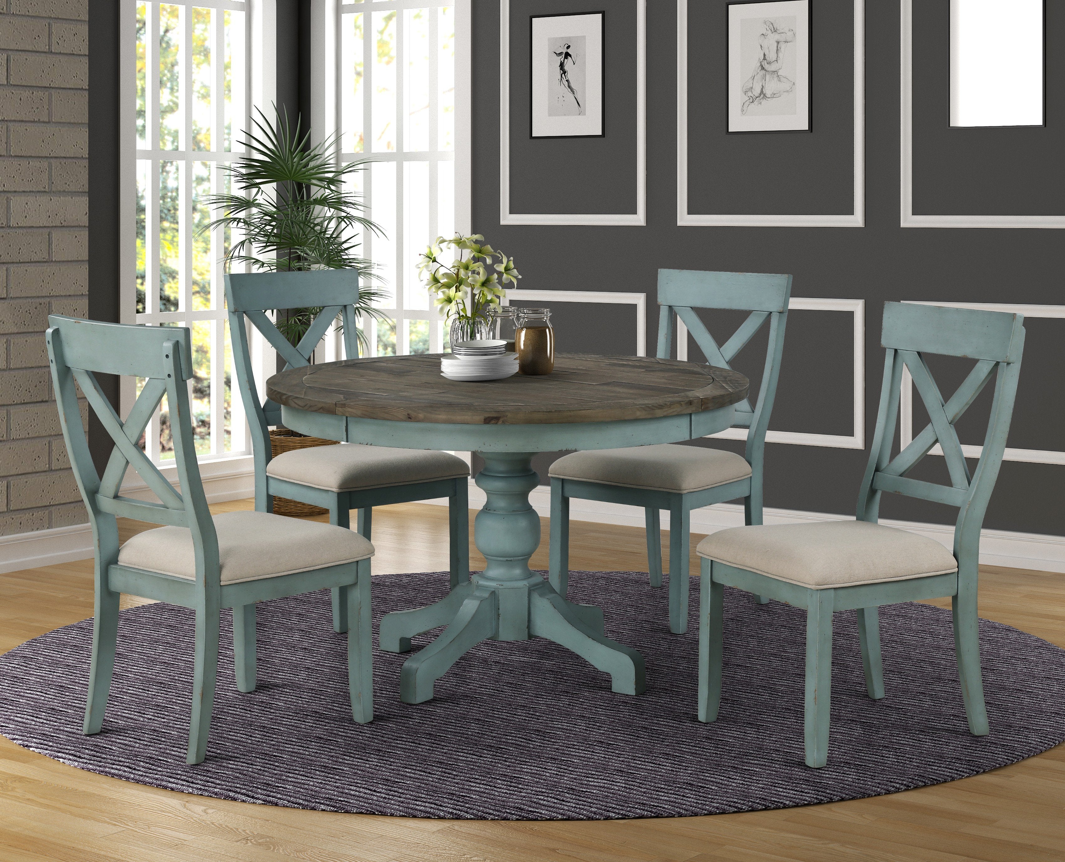 Prato Round Blue and Brown Two Tone Finish Wood Dining Table Roundhill Furniture