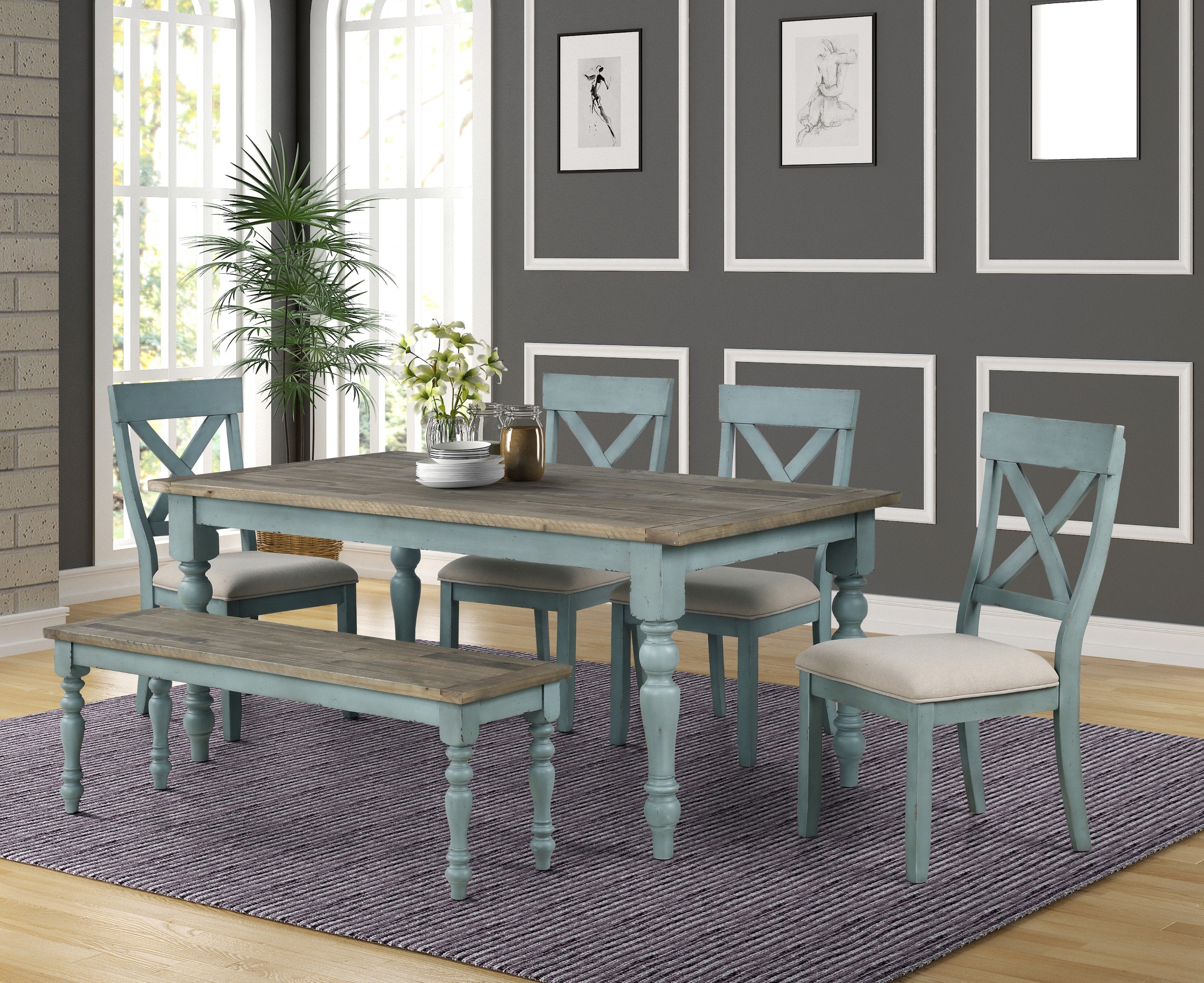 Prato Blue and Brown Two Tone Finish Wood Dining Table Roundhill