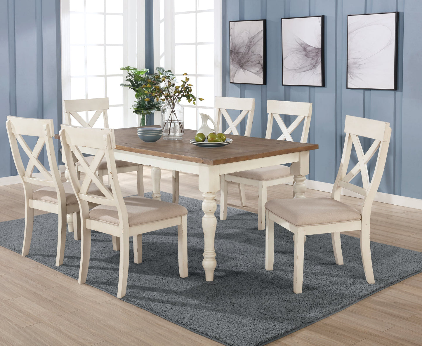Prato 7-piece Dining Table Set With Cross Back Chairs, Antique White and Distressed Oak