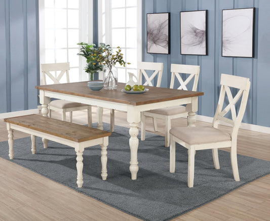 Prato 6-piece Dining Table Set With Cross Back Chairs and Bench, Antique White and Distressed Oak