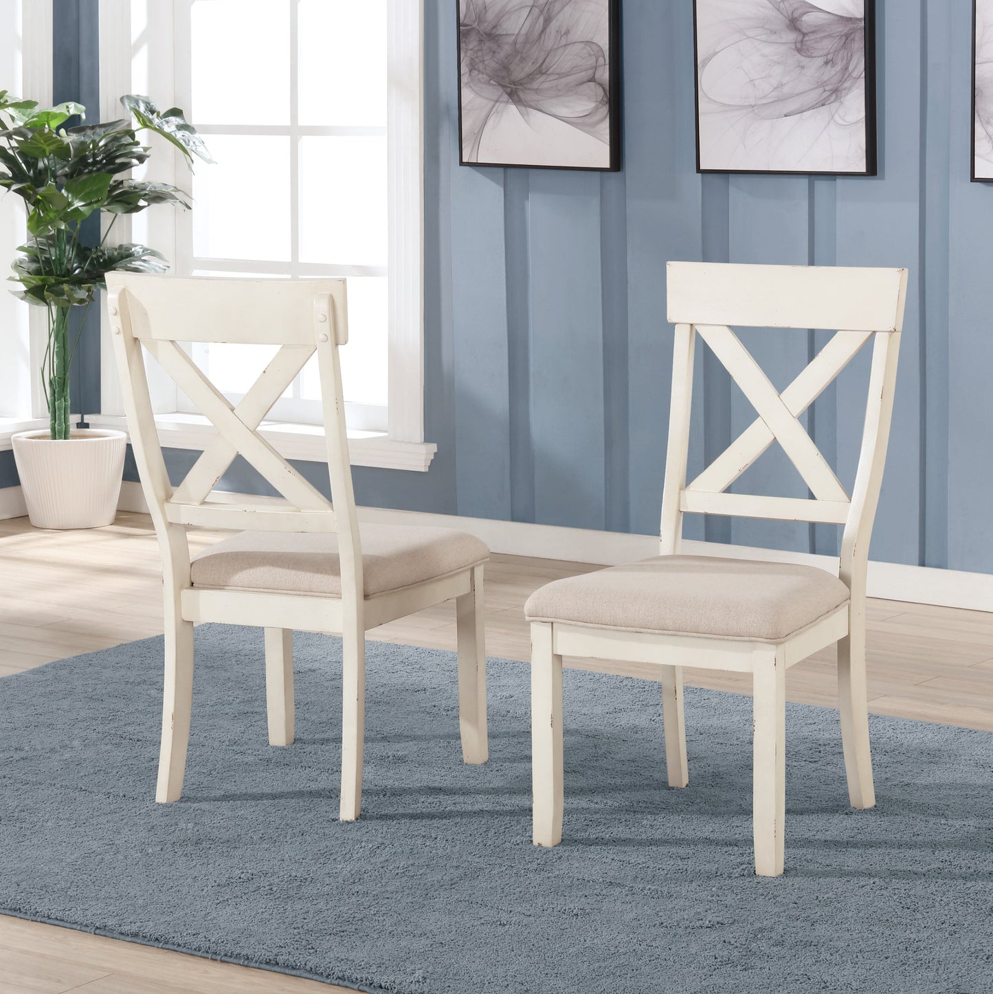 Prato 6-piece Dining Table Set With Cross Back Chairs and Bench, Antique White and Distressed Oak