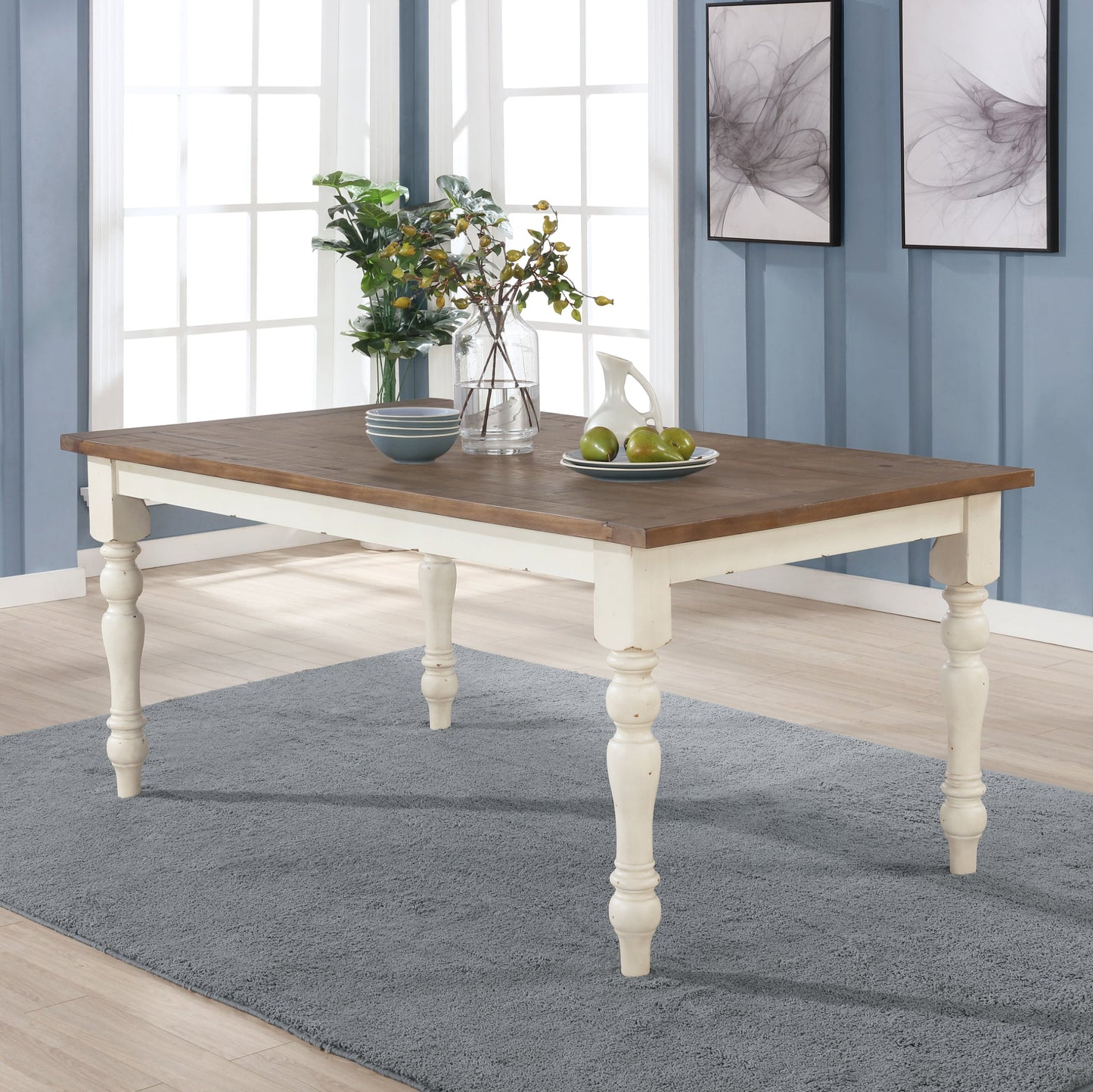 Prato 5-piece Dining Table Set With Cross Back Chairs, Antique White and Distressed Oak