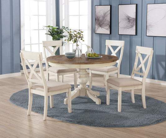 Prato 5-Piece Round Dining Table Set with Cross Back Chairs, Antique White and Distressed Oak