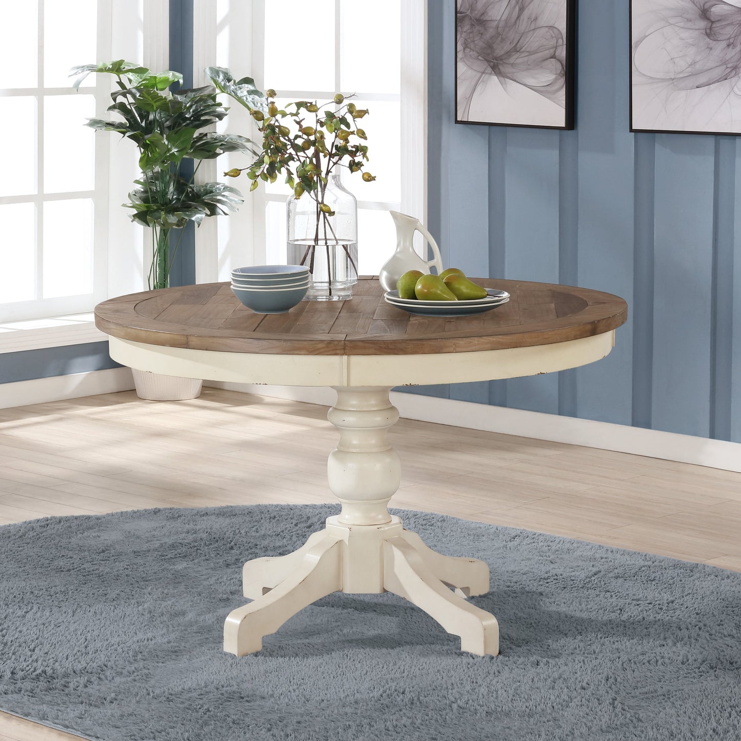 Prato Round Antique White and Distressed Oak Two-tone Finish Wood Dining Table
