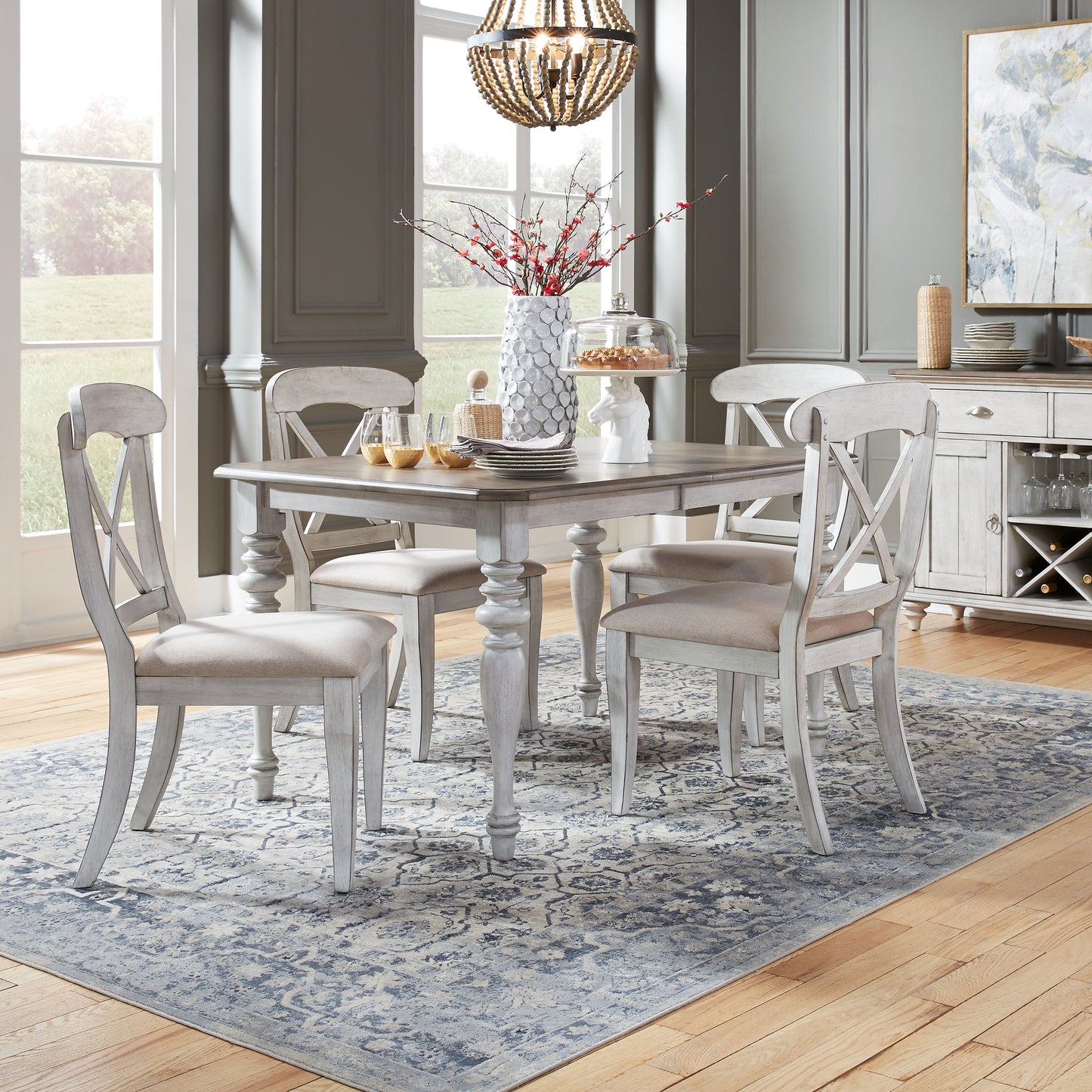 Chandria Dining Set - Extendable Rectangular Table with 4 Chairs in Antique White and Weathered Pine Finish