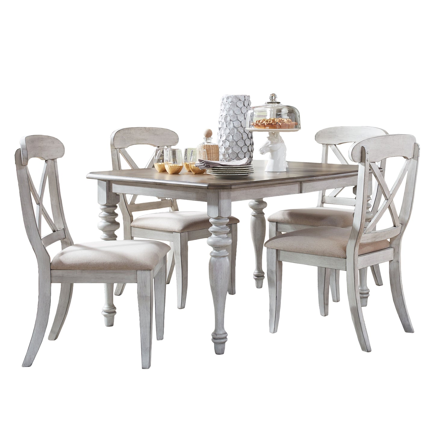 Chandria Dining Set - Extendable Rectangular Table with 4 Chairs in Antique White and Weathered Pine Finish