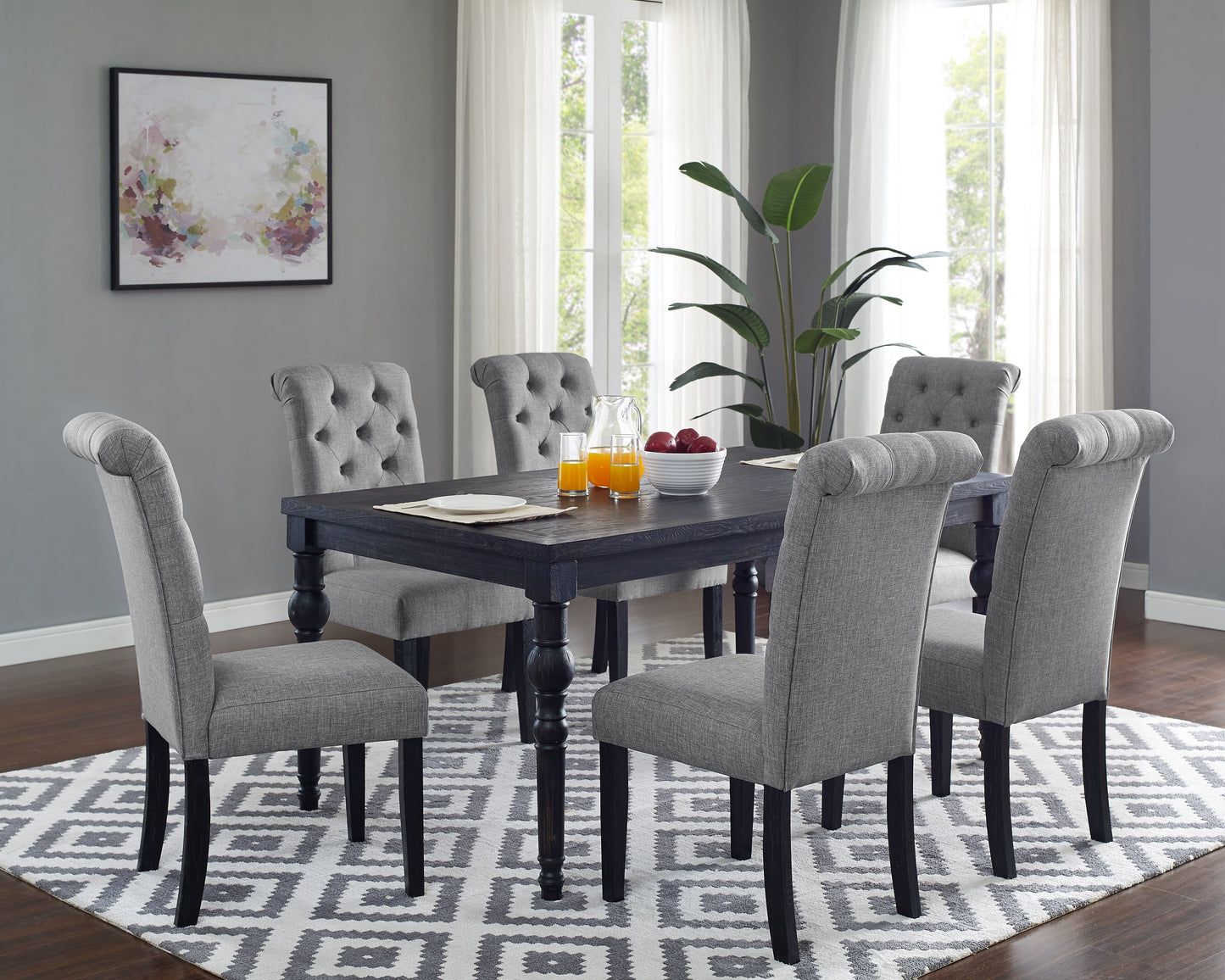 Leviton Urban Style Wood Dark Wash Turned-Leg Dining Set: Table and 6 Chairs, Gray