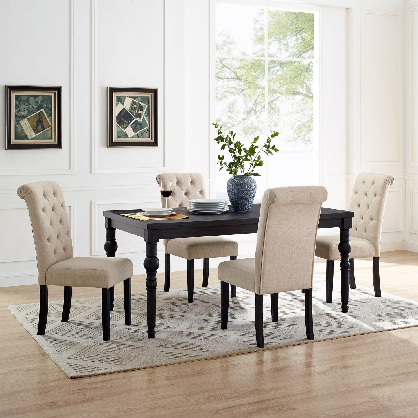 Leviton Urban Style Wood Dark Wash Turned-Leg Dining Set: Table and 4 Chairs, Tan