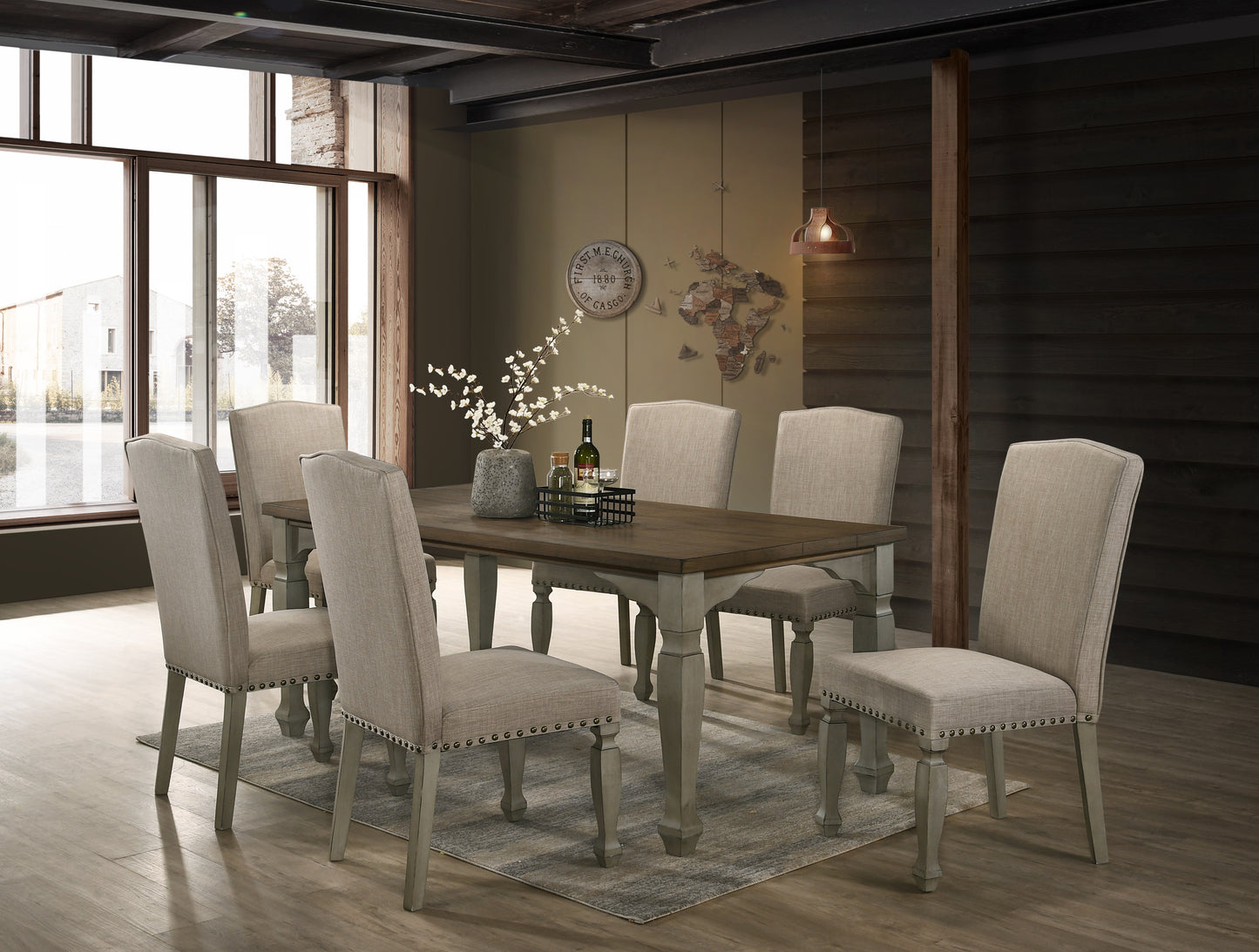 Breda Antique Gray and Dark Oak Finished Wood Dining Set, Table with Six Chairs