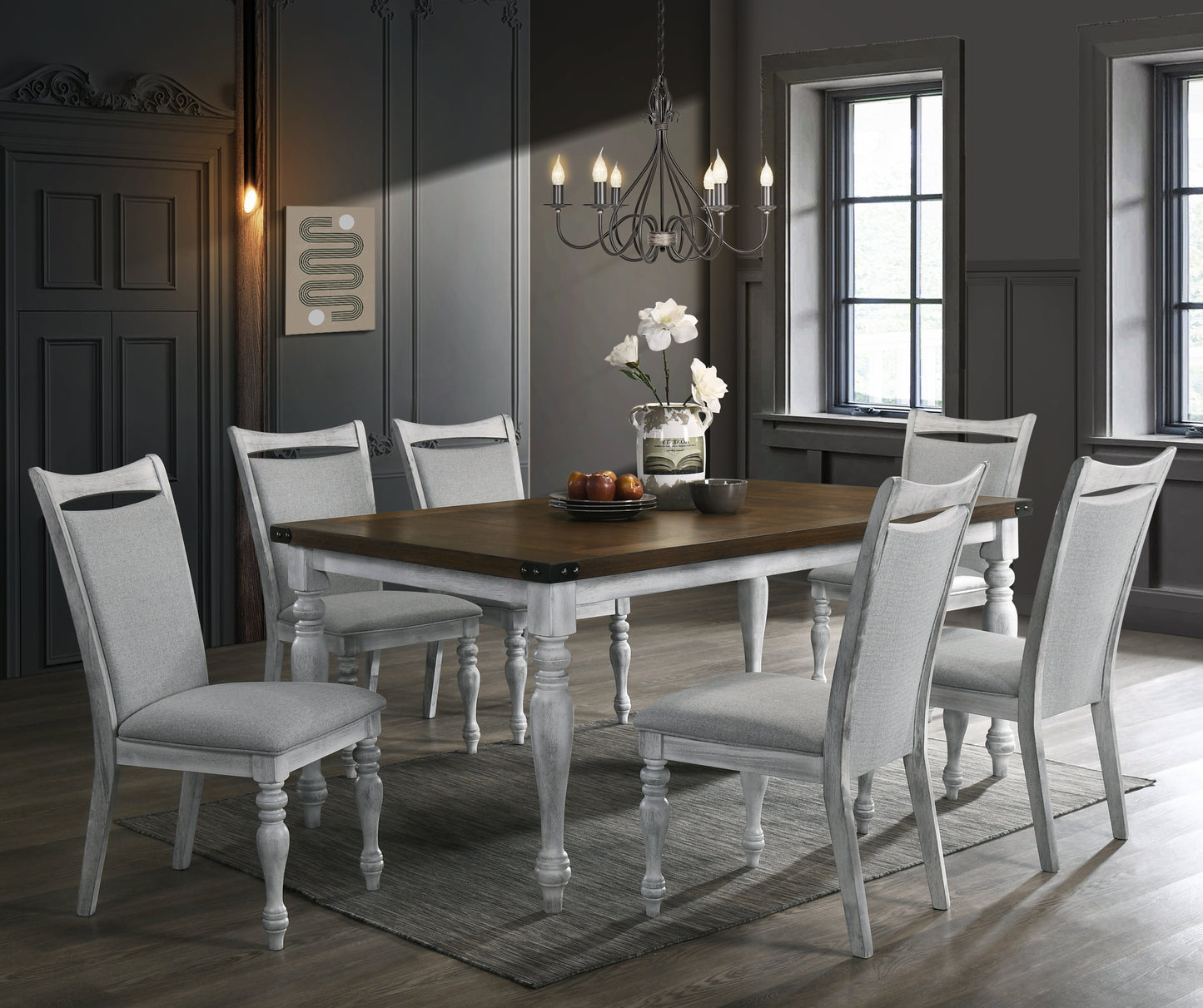 Salines 7 Piece Dining Table Set with 6 Upholstered Chairs, Rustic White and Oak
