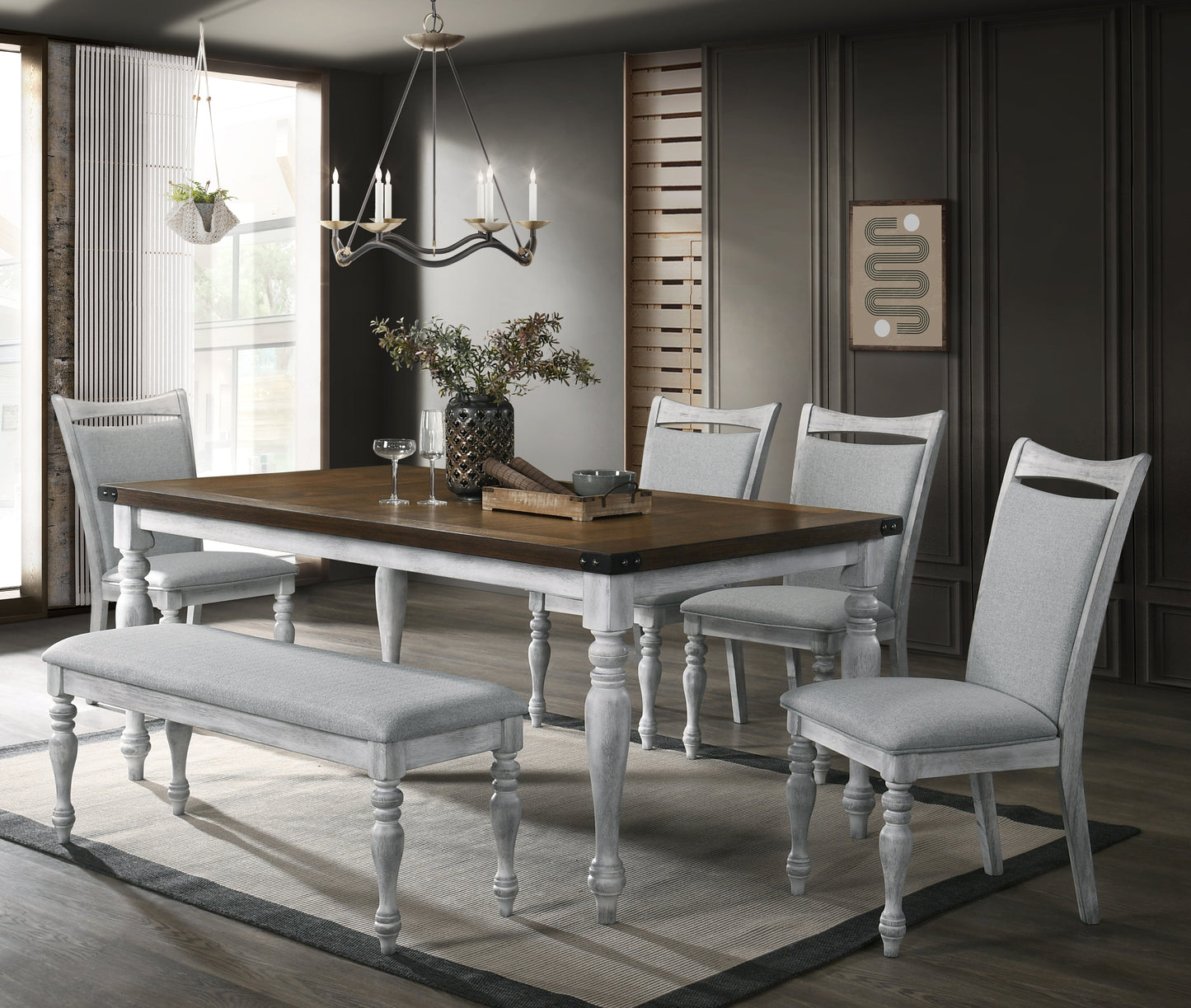 Salines 6 Piece Dining Table Set with 4 Upholstered Chairs and 1 Bench, Rustic White and Oak