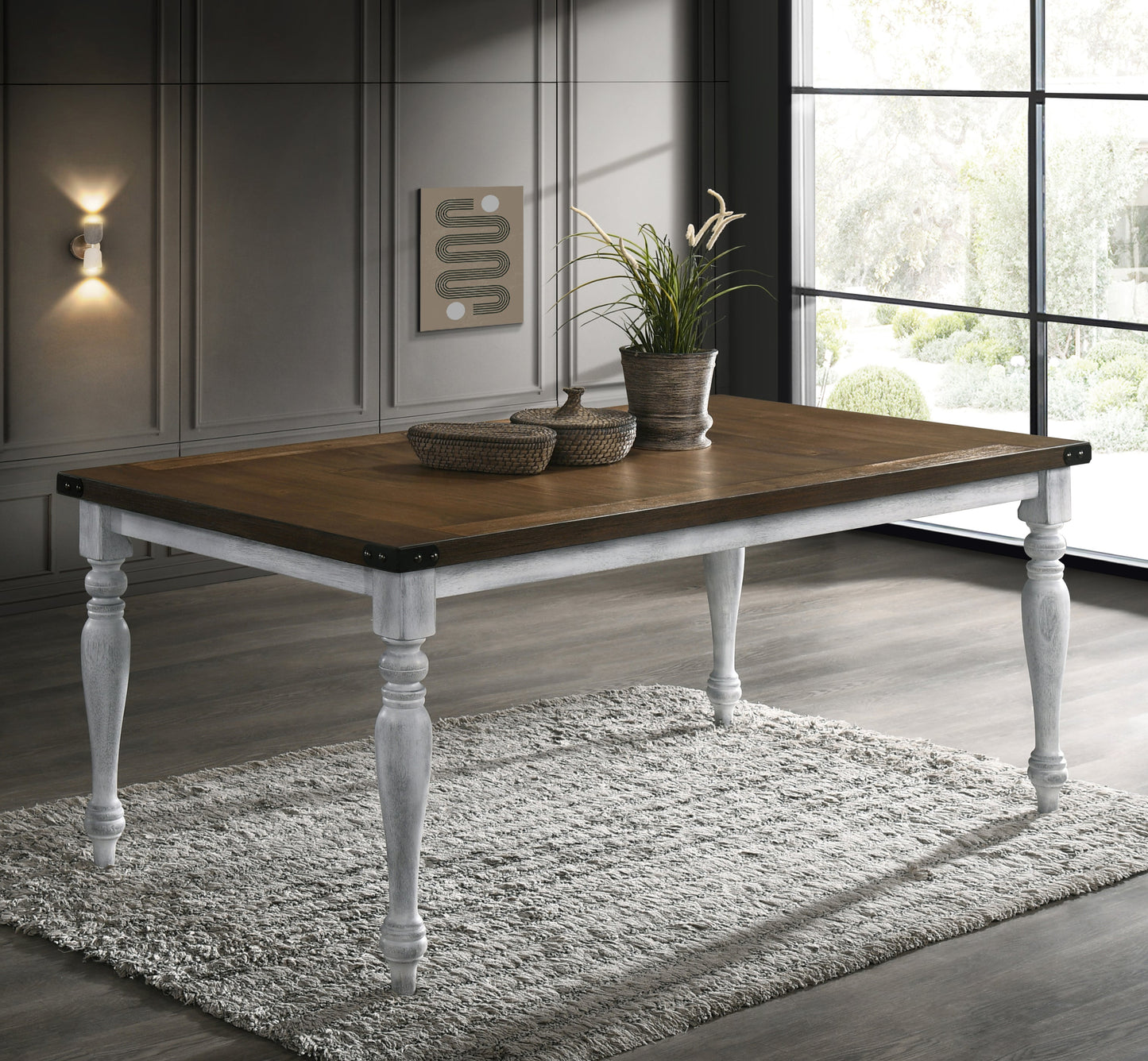 Salines Two-tone Wood Turned Leg Dining Table, Rustic White and Oak
