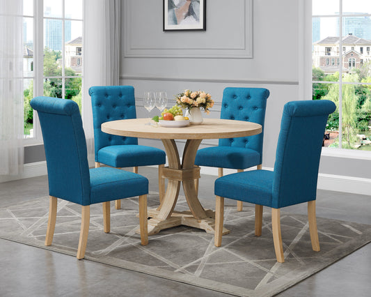 Siena White-washed Finished 5-Piece Dining set, Pedestal Round Table with Blue Upholstered Chairs