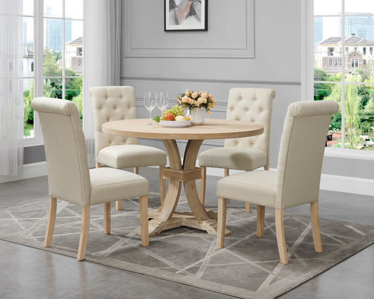 Siena White-washed Finished 5-Piece Dining set, Pedestal Round Table with Tan Upholstered Chairs