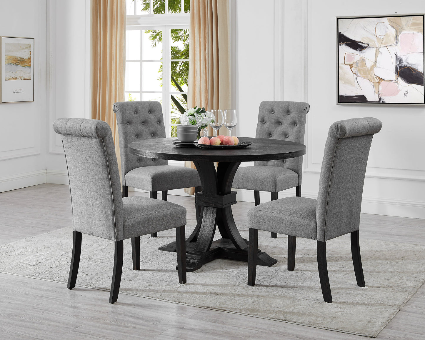 Siena Distressed Black Finish 5-Piece Dining set, Pedestal Round Table with Gray Upholstered Chairs