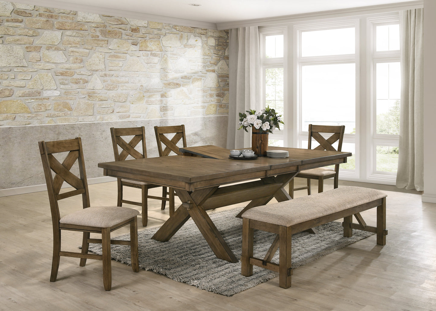 Raven Wood Dining Set: Butterlfy Leaf Table, Four Chairs, Bench