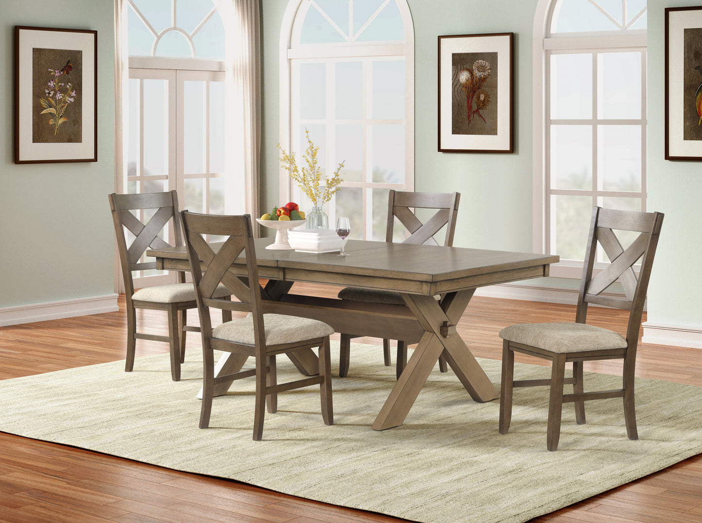 Raven Wood 5-Piece Dining Set, Extendable Trestle Dining Table with 4 Chairs, Glazed Pine Brown