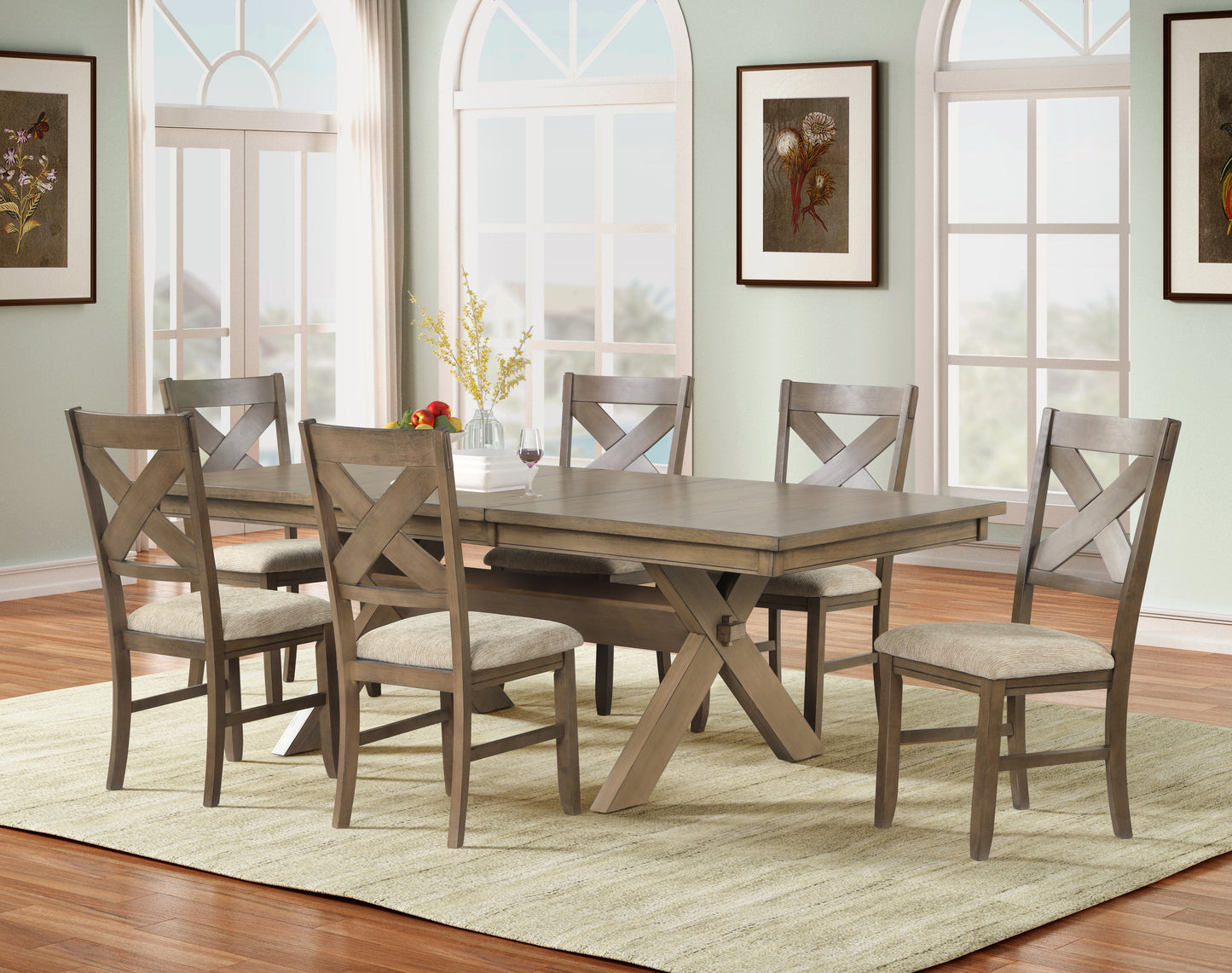 Raven Wood 7-Piece Dining Set, Extendable Trestle Dining Table with 6 Chairs, Glazed Pine Brown