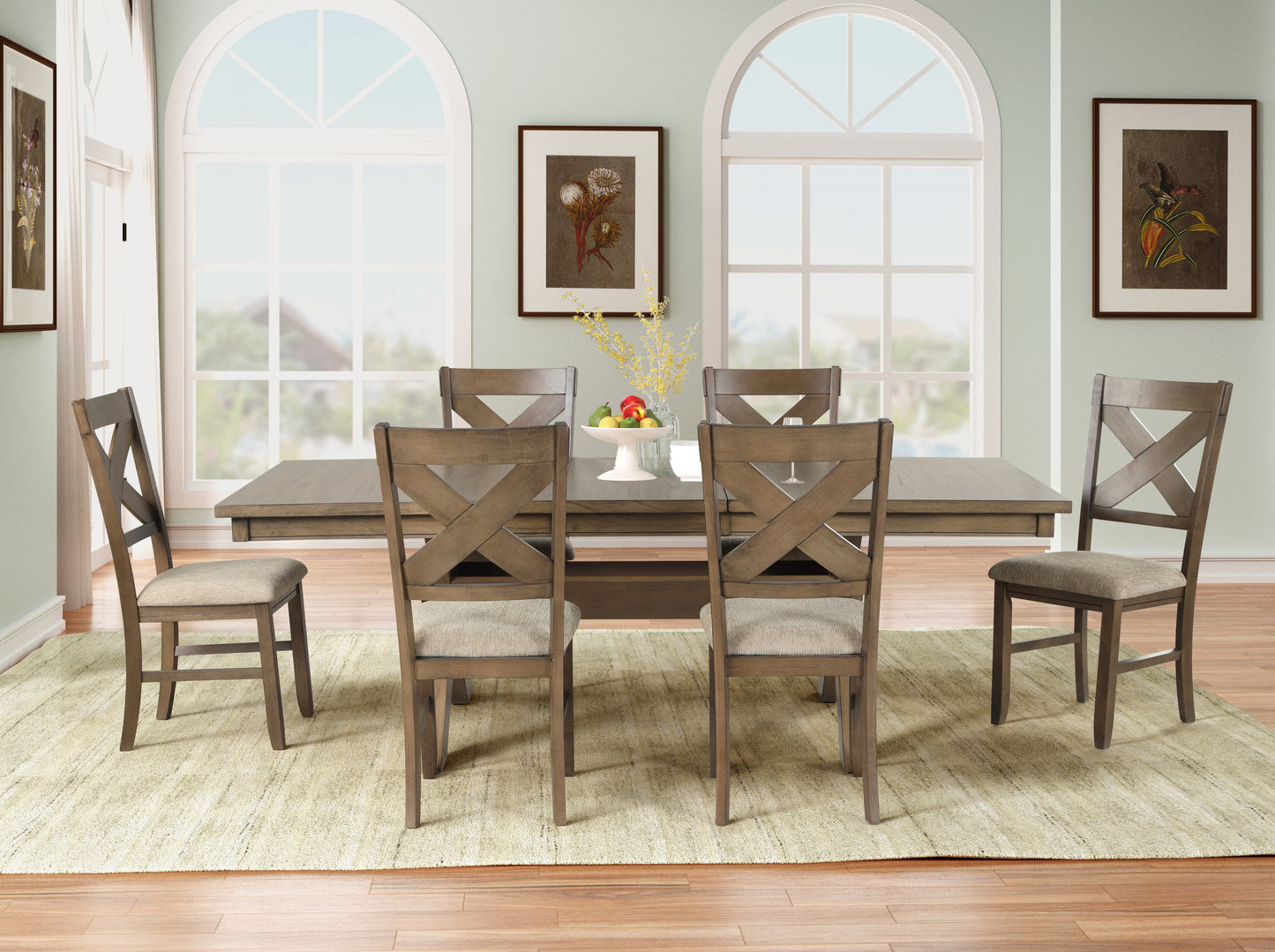 Raven Wood 7-Piece Dining Set, Extendable Trestle Dining Table with 6 Chairs, Glazed Pine Brown