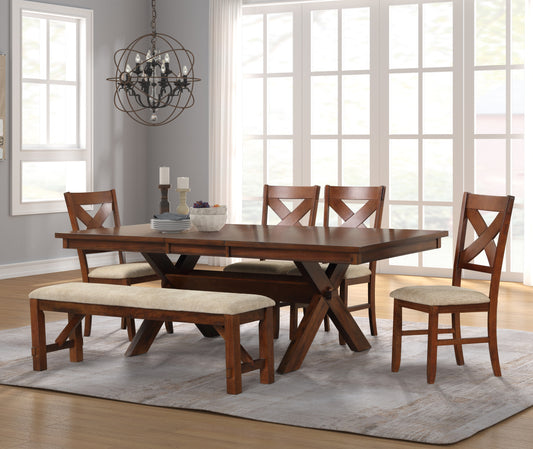 Karven Wood 6-Piece Dining Set, Extendable Trestle Dining Table with 4 Chairs and Bench, Dark Hazelnut