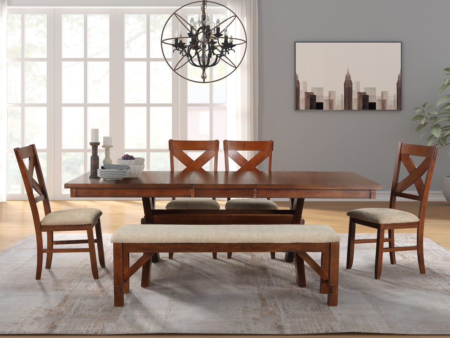 Karven Wood 6-Piece Dining Set, Extendable Trestle Dining Table with 4 Chairs and Bench, Dark Hazelnut