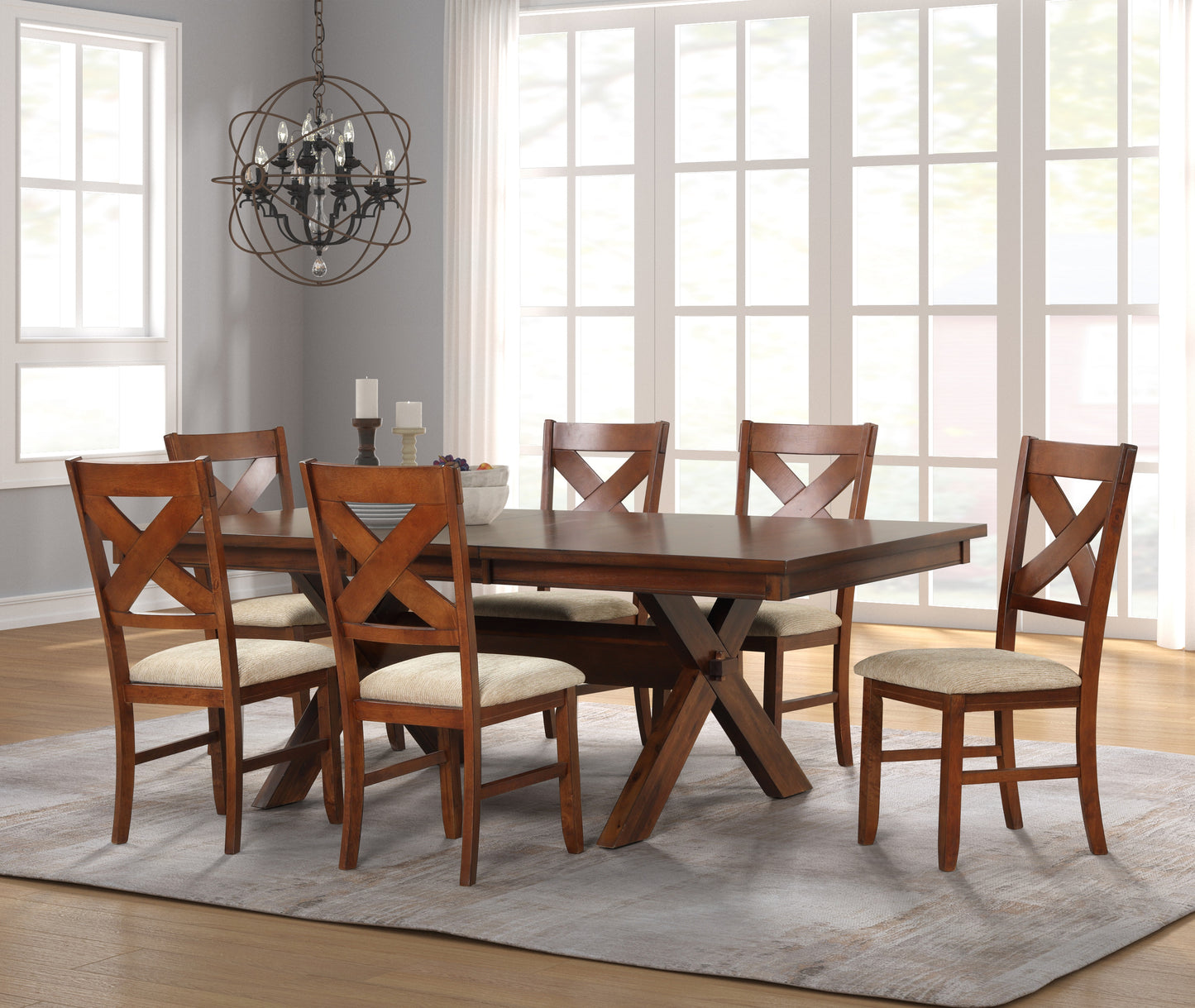 Karven Wood 7-Piece Dining Set, Extendable Trestle Dining Table with 6 Chairs, Dark Hazelnut
