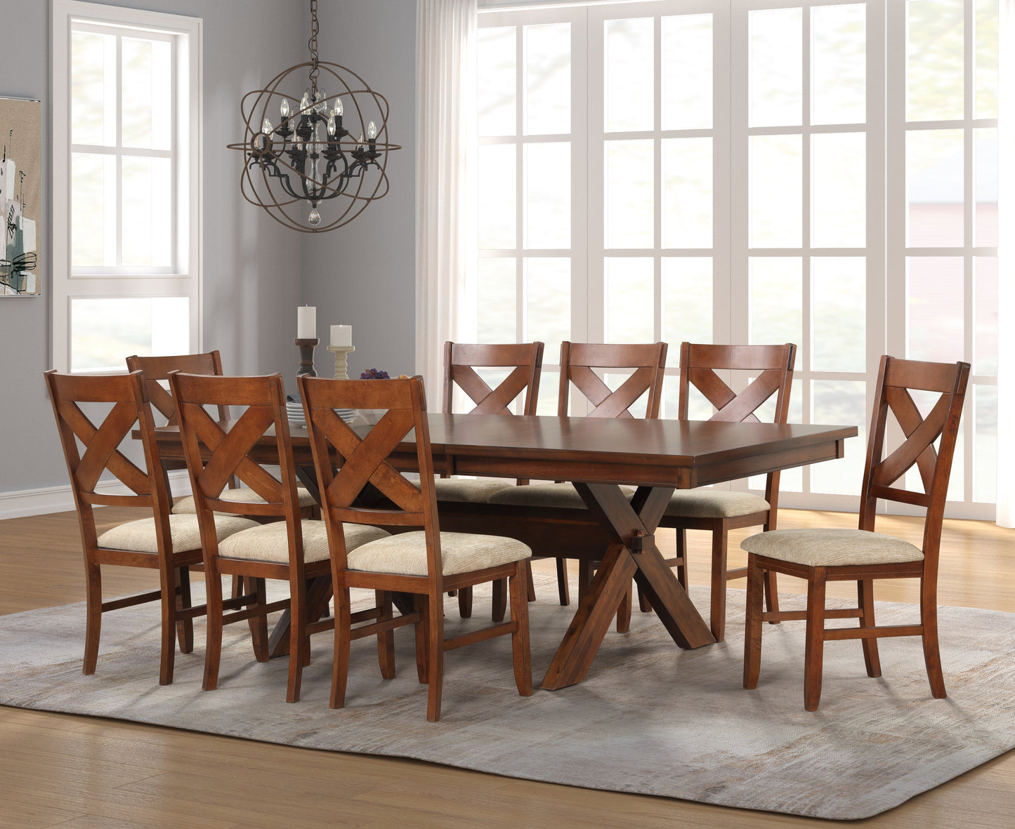 Karven Wood 9-Piece Dining Set, Extendable Trestle Dining Table with 8 Chairs, Dark Hazelnut