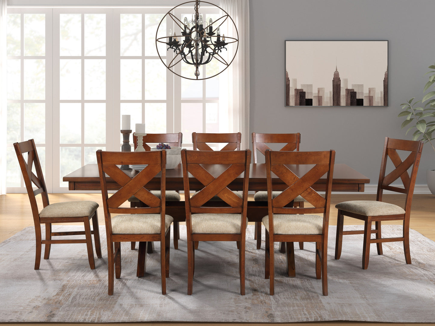 Karven Wood 9-Piece Dining Set, Extendable Trestle Dining Table with 8 Chairs, Dark Hazelnut