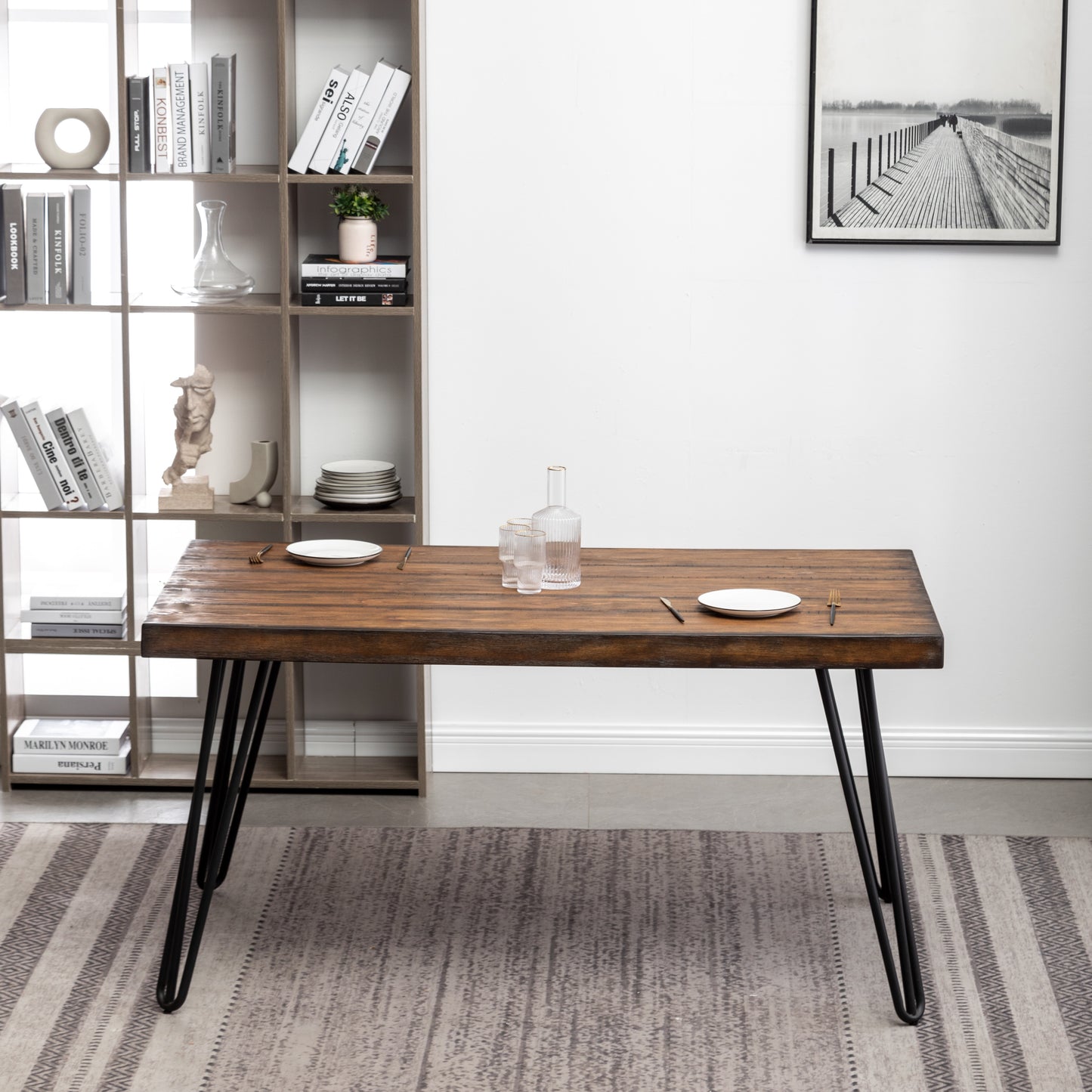 Aryven Industrial Metal Hairpin Design Dining Table, Rustic Dark Pine