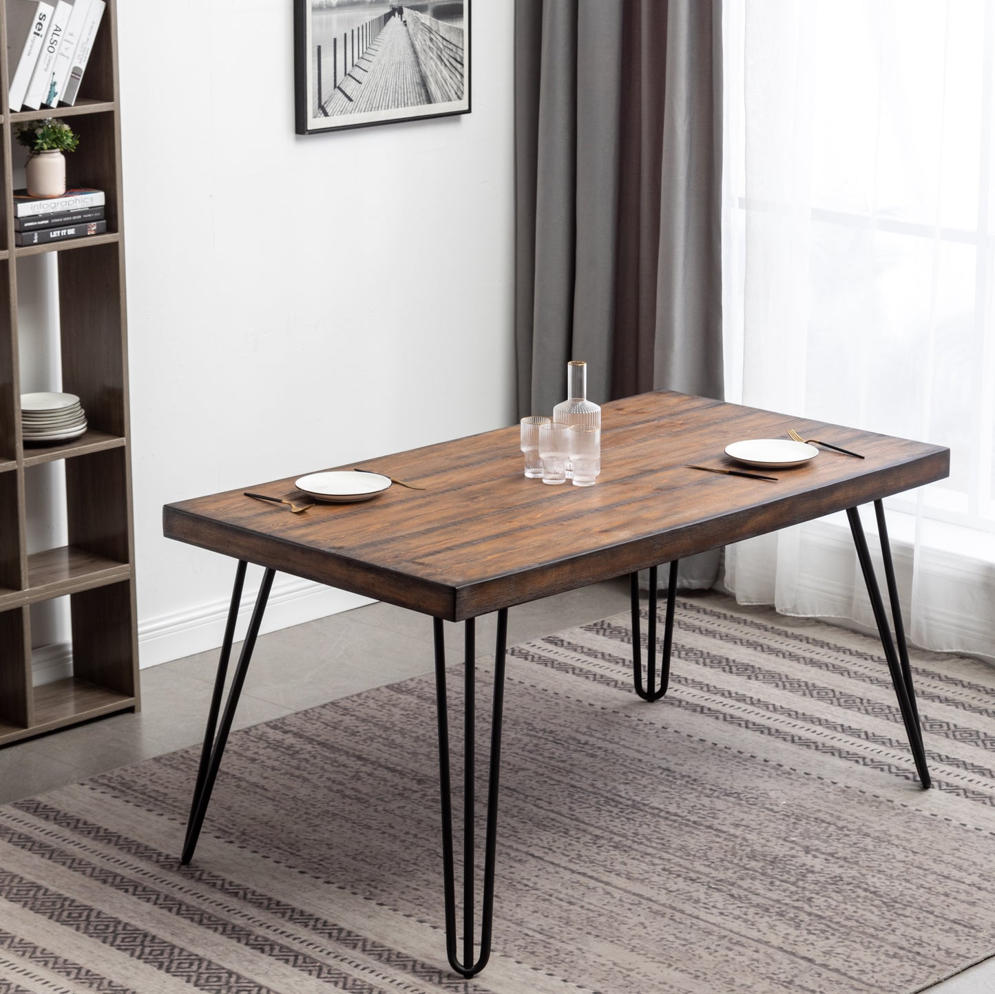 Aryven Industrial Metal Hairpin Design Dining Table, Rustic Dark Pine