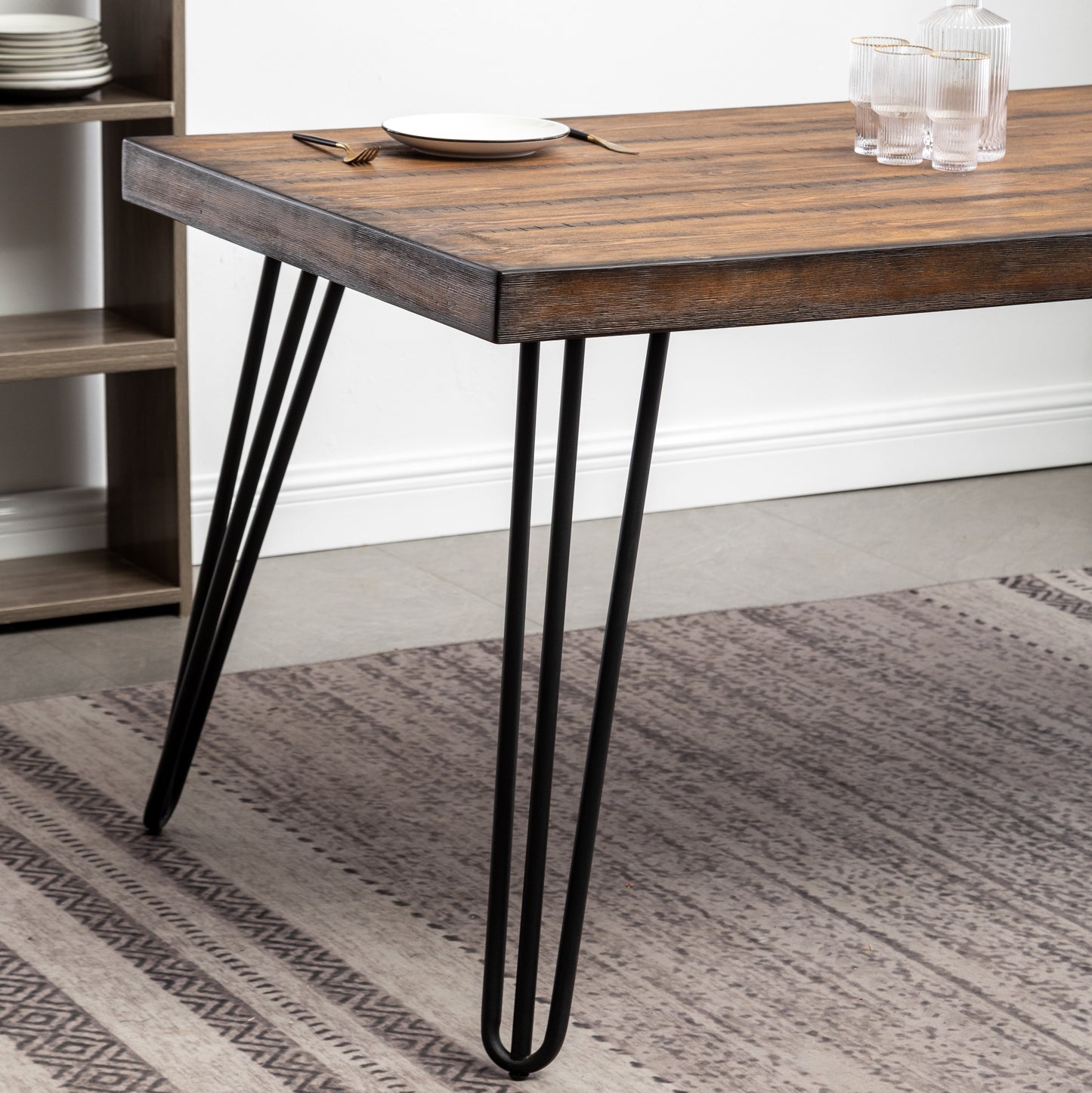 Aryven Industrial Metal Hairpin Design Dining Table, Rustic Dark Pine